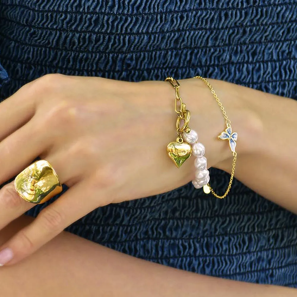 Pearl Paper Clip Chain Heart Gold Layered Stainless Steel Bracelet