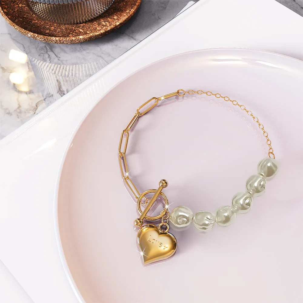 Pearl Paper Clip Chain Heart Gold Layered Stainless Steel Bracelet