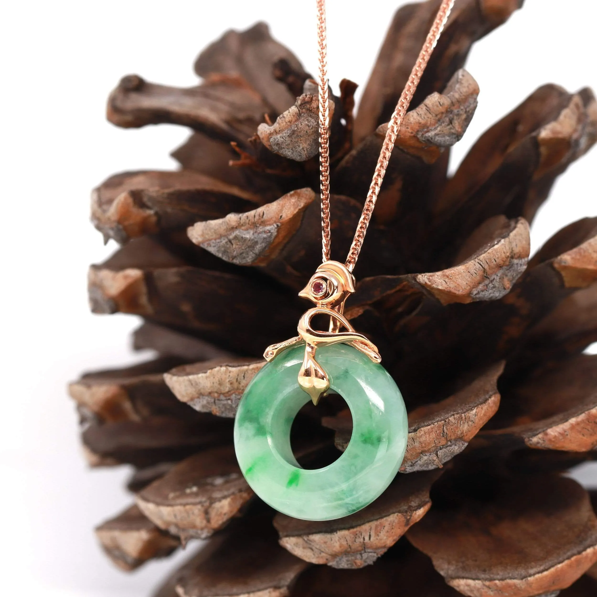 RealJade® "Good Luck Birdie" 18k Rose Gold Genuine Burmese Jadeite Lucky Pendant Necklace With AA Ruby & Diamond