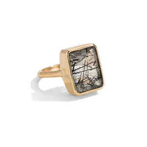 Rectangular Ring, Tourmalinated Quartz, 9kt Yellow Gold