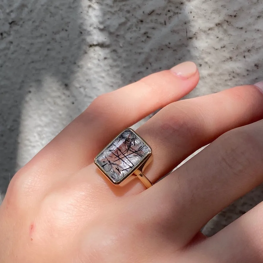 Rectangular Ring, Tourmalinated Quartz, 9kt Yellow Gold