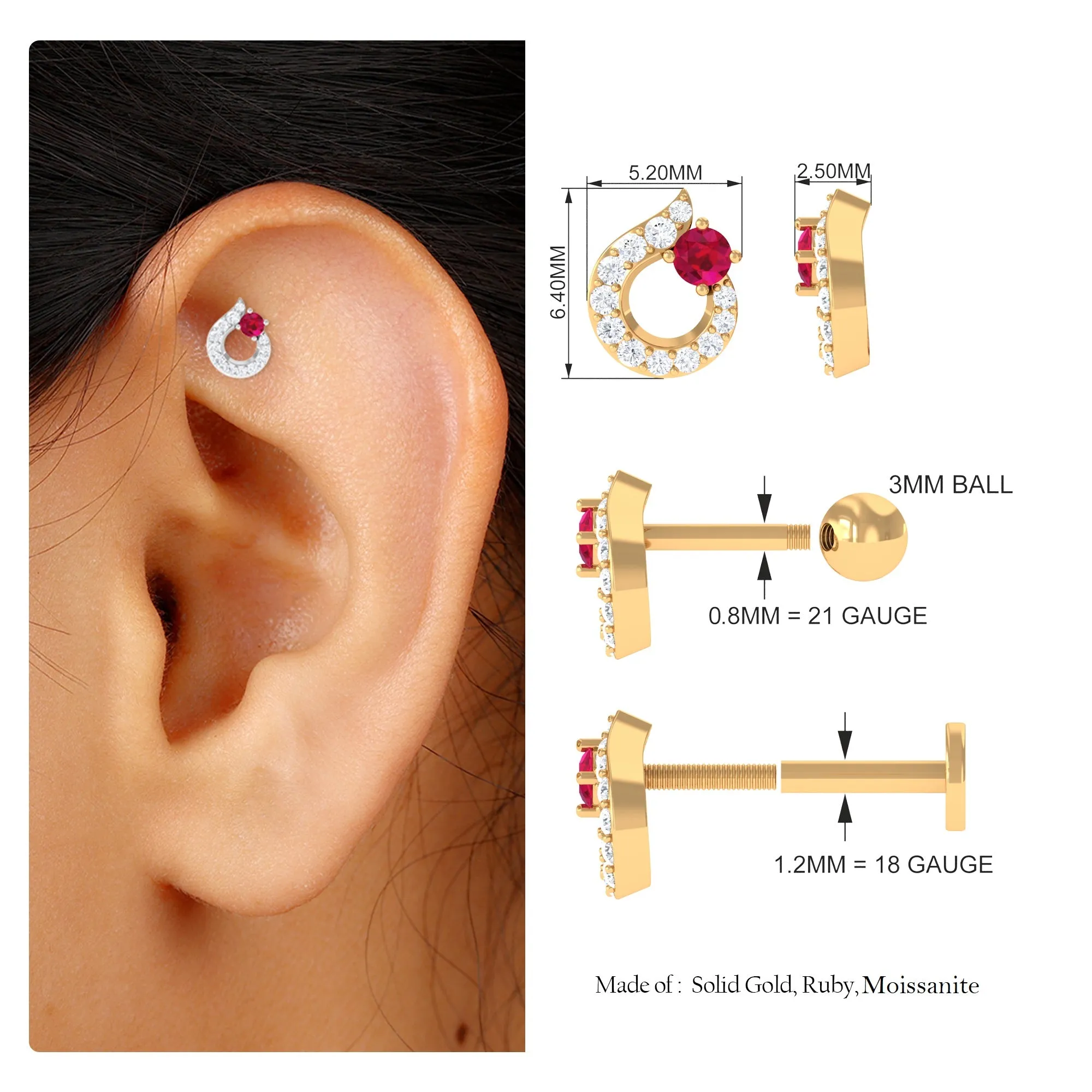 Round Ruby and Moissanite Unique Helix Earring