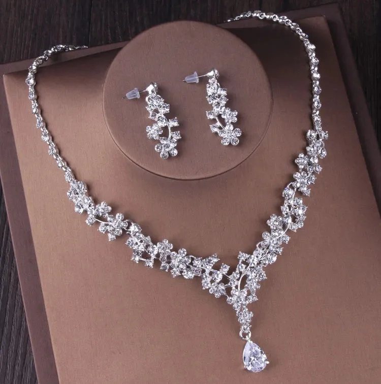 Silver Crystal Bridal Jewelry Set. Necklace, Earrings & Tiara