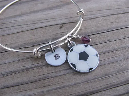 Soccer Charm Bracelet- Adjustable Bangle Bracelet with an Initial Charm and an Accent Bead of your choice