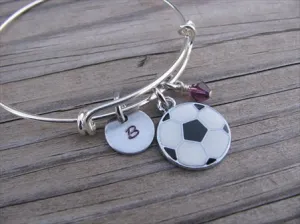 Soccer Charm Bracelet- Adjustable Bangle Bracelet with an Initial Charm and an Accent Bead of your choice