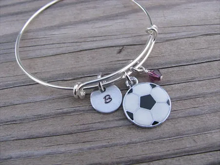 Soccer Charm Bracelet- Adjustable Bangle Bracelet with an Initial Charm and an Accent Bead of your choice