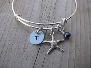 Starfish Charm Bracelet- Adjustable Bangle Bracelet with an Initial Charm and an Accent Bead of your choice