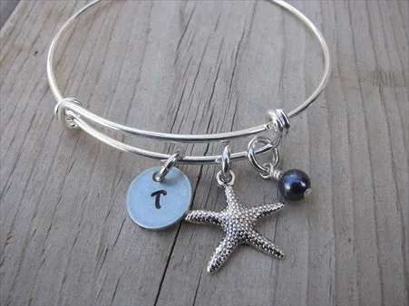 Starfish Charm Bracelet- Adjustable Bangle Bracelet with an Initial Charm and an Accent Bead of your choice