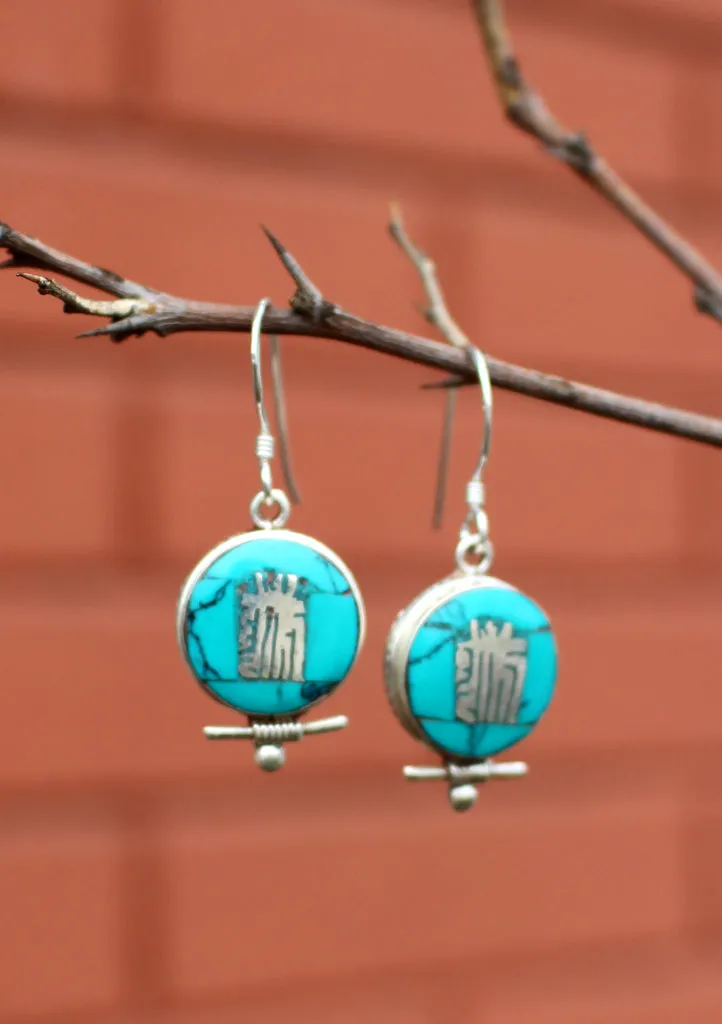 Tibetan Kalachakra Turquoise Inlaid Silver Earrings