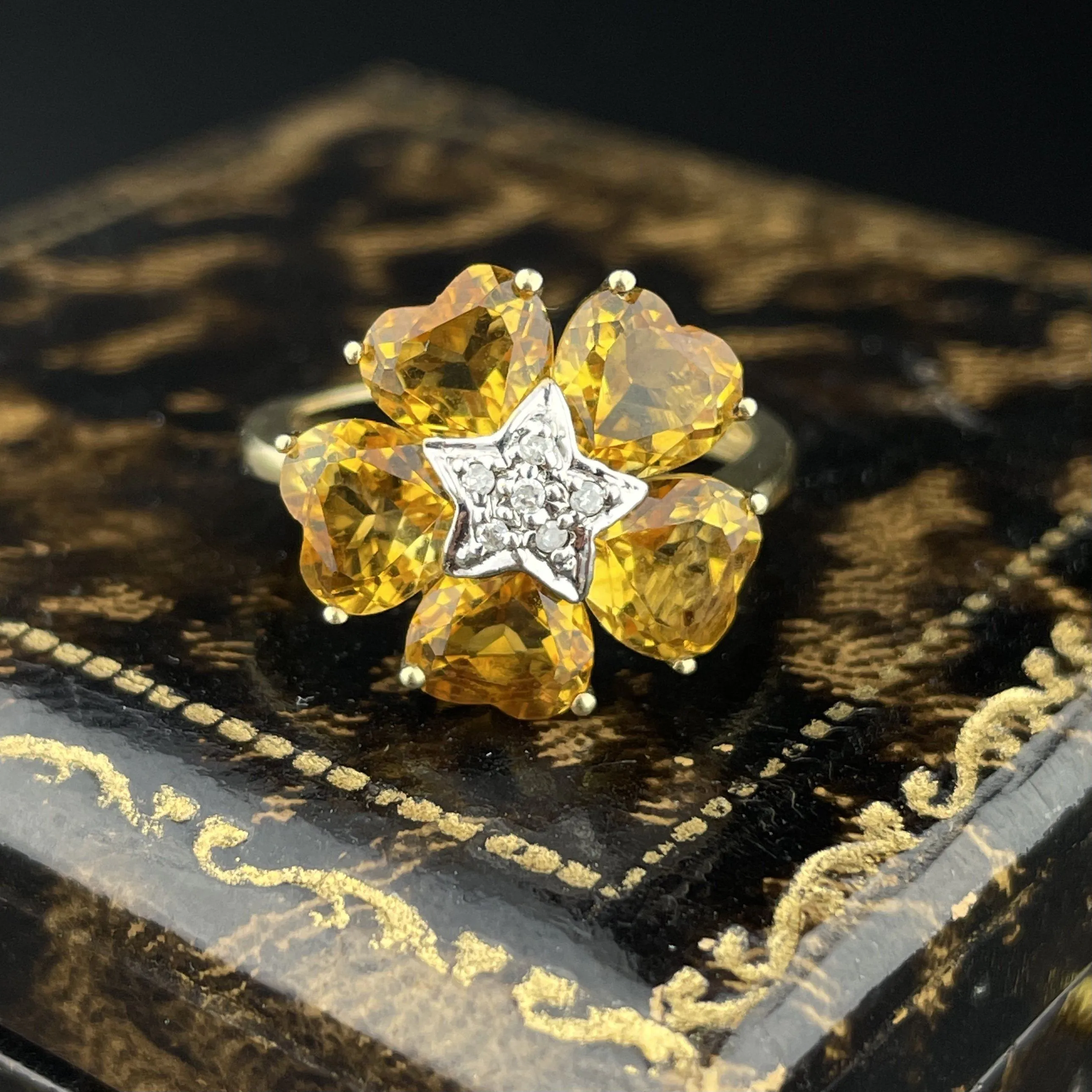 Vintage Gold Diamond Star Citrine Floral Ring Flips to Pendant