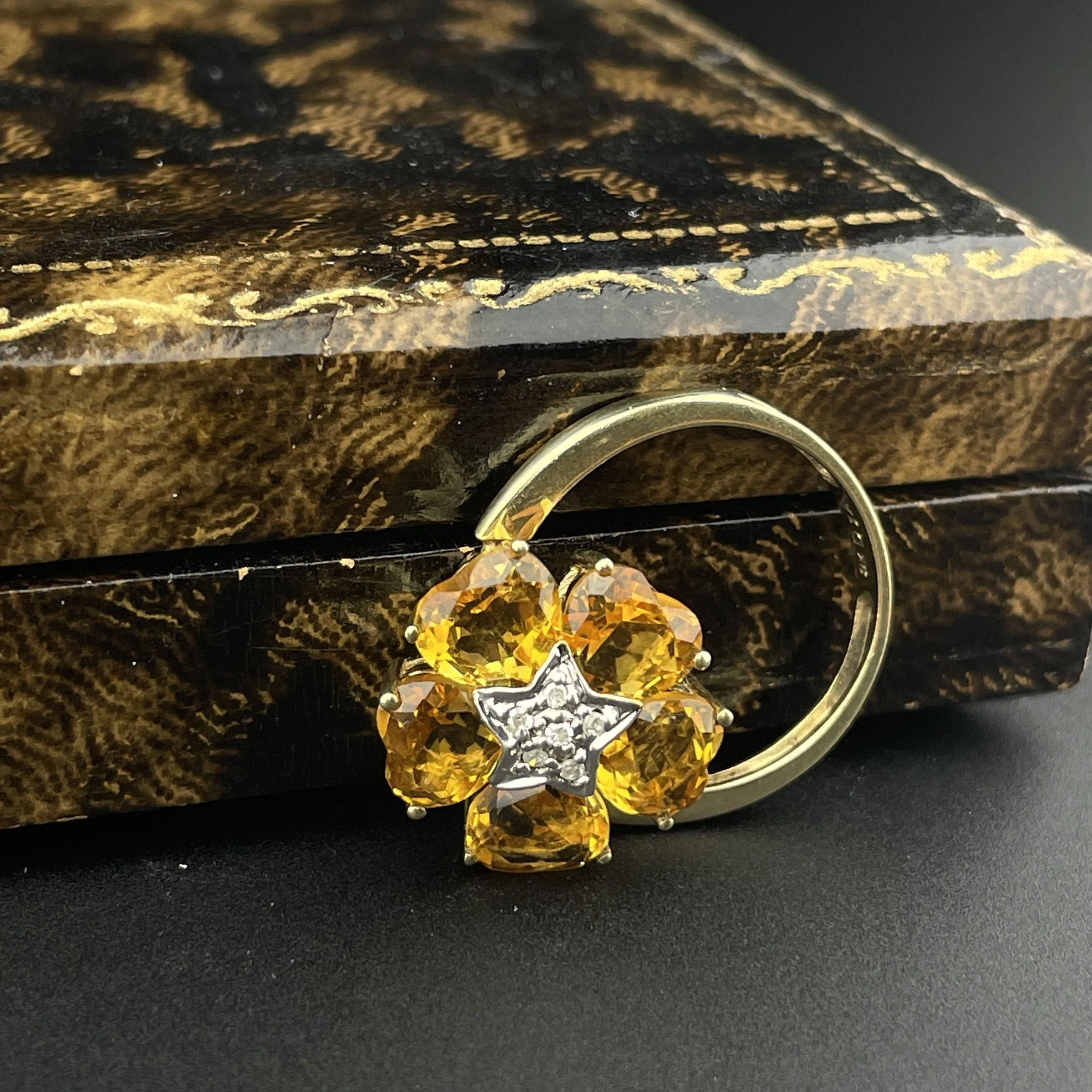 Vintage Gold Diamond Star Citrine Floral Ring Flips to Pendant