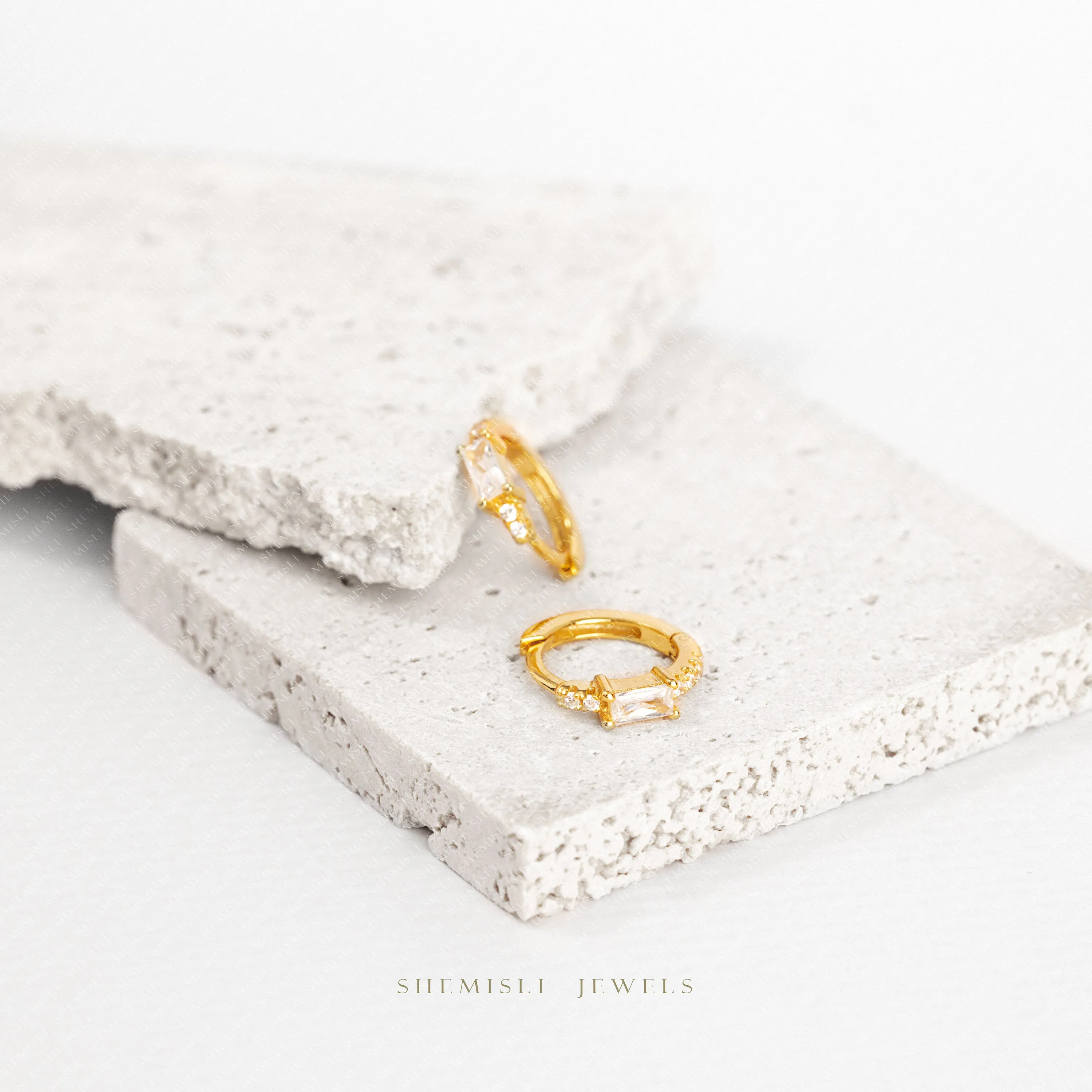 White Baguette CZ Hoops, Clear Stone, Unisex, Gold, Silver SHEMISLI - SH323